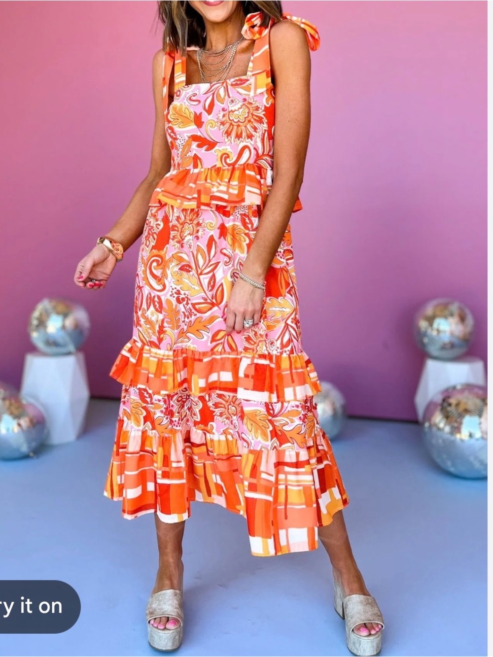 THML tiered maxi dress features an orange and pink floral print size large